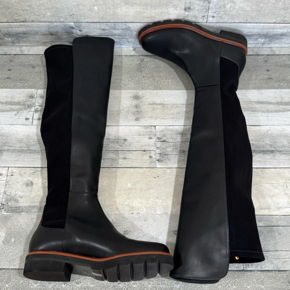 Stuart Weitzman Adrina City OTK Boots In Black Leather/Stretch - Sz - 6B